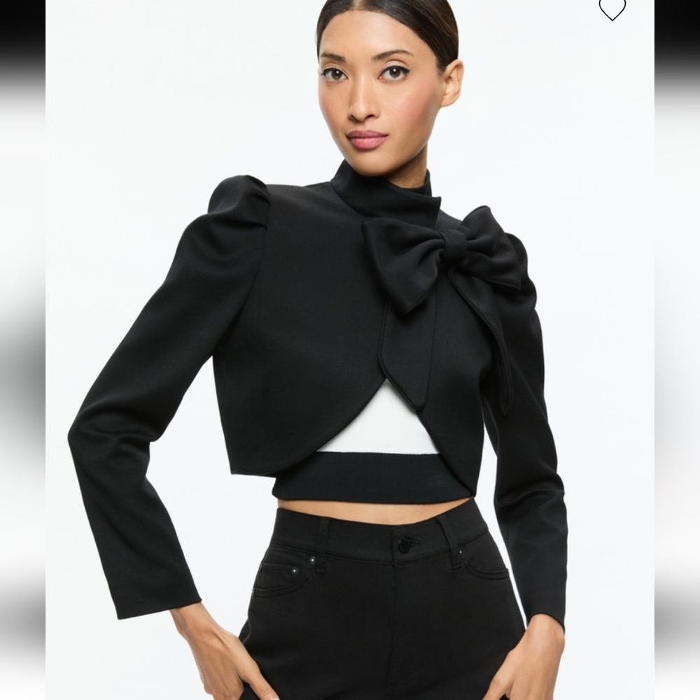 ALICE & OLIVIA Addison Bow Collar Crop Jacket In Black. Size XS